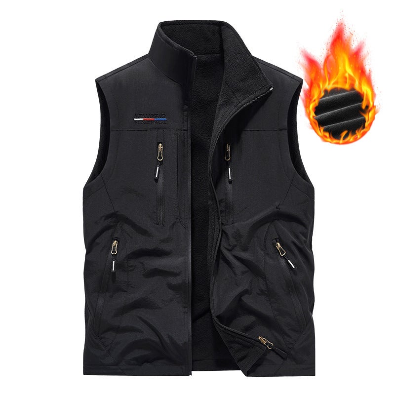 Cross-border manufacturers double-sided waistcoat autumn and winter fleece-lined mens outdoor fleece pocket vest fleece waistcoat Gray plus velvet - Image 2