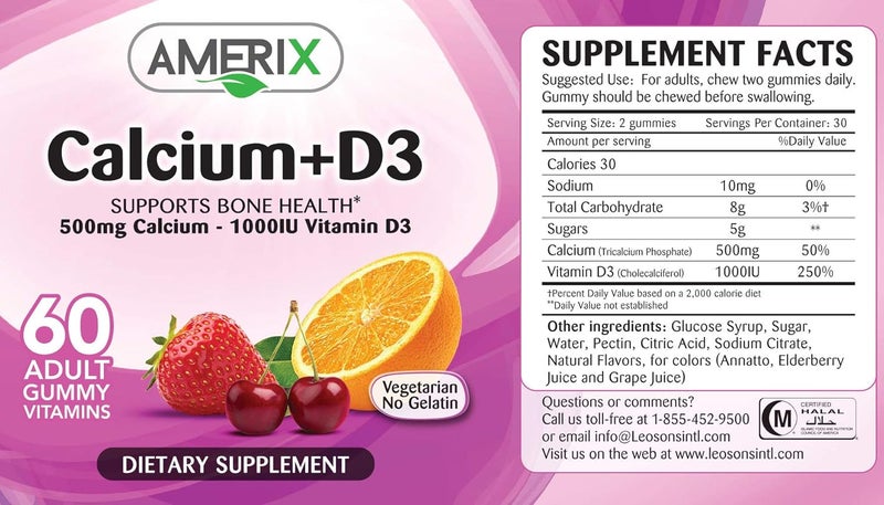 اميركس Amerix Calcium 500 mg + Vit D3 1000IU Adult Chewable Gummies 60's - Image 3