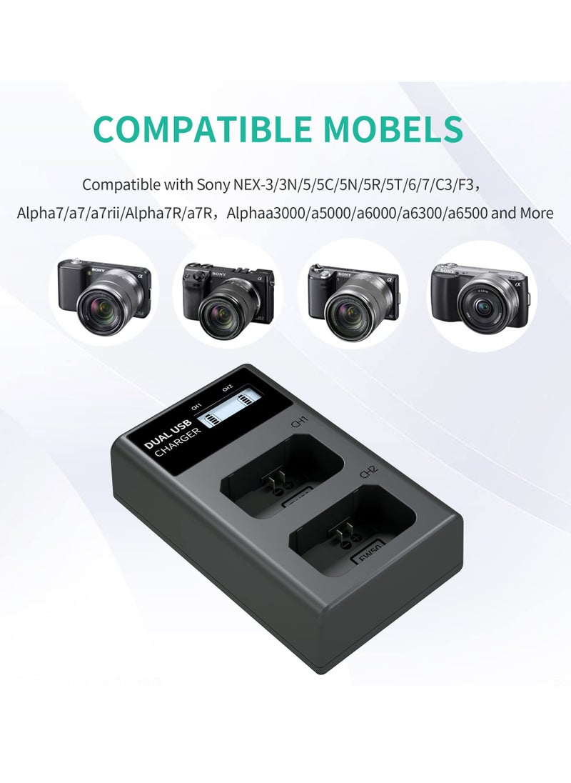 KASTWAVE - NP-FW50 Battery Charger, LCD Dual Charger Compatible with Sony Alpha A6000, A6400, A6100, A6300, A6500, A5100, A7, A7 II, A7R, A7R II, A7R2, A7S, A7S II, A7S2, A5000, A3000, RX10, NEX-3/5/7 Series - Image 1