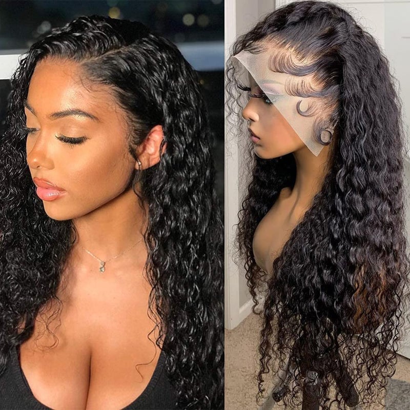180 Density 13x4 HD Lace Front Wigs Human Hair Pre Plucked with Baby Hair Transparent Glueless Brazilian Deep Wave Frontal Wigs for Women Natural Black Color