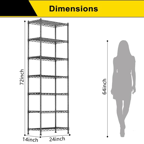 GIOTORENT 7-Wire Garage Shelving Storage Shelves, Kitchen Storage Adjustable Shelf, Metal Shelves 1400Lbs Capacity 24" W x 14" D x 71.6" H for Laundry Bathroom Pantry Closet, Black - Image 3