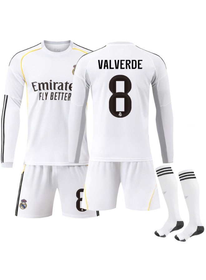 ريال مدريد 2025-2026 ريال مدريد المنزل لكرة القدم موحدة #8 فالفيردي طويلة الأكمام لكرة القدم جيرسي السراويل الجوارب مجموعة حجم الأطفال والكبار حجم الهدايا للجماهير والأصدقاء - Image 1