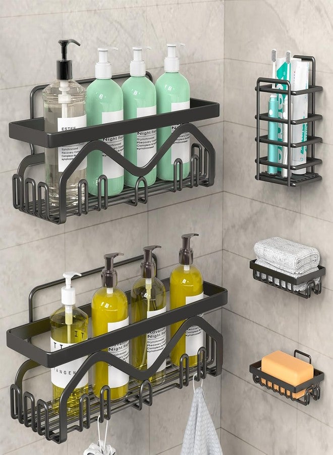 Boniry Bathroom Organiser Without Drill | 5-Pack Rustproof Bathroom Shelves with Soap Holder & Toothbrush Holder | No-Drill Adhesive Bathroom Rack Set for Bathroom, Kitchen, Matte Black - Image 1