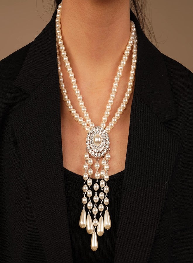 يرتير قلادة YERTTER عتيقة متعددة الطبقات من اللؤلؤ، قلادة على طراز عشرينيات القرن الماضي، قلادة على شكل حرف Y، قلادة سترة، قلادة مرصعة بأحجار الراين، خرزة، شرابة، طوق مميز للرقبة (F) - Image 2