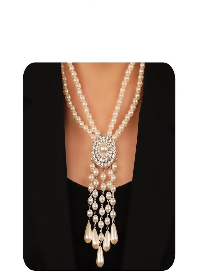 يرتير قلادة YERTTER عتيقة متعددة الطبقات من اللؤلؤ، قلادة على طراز عشرينيات القرن الماضي، قلادة على شكل حرف Y، قلادة سترة، قلادة مرصعة بأحجار الراين، خرزة، شرابة، طوق مميز للرقبة (F) - Image 1