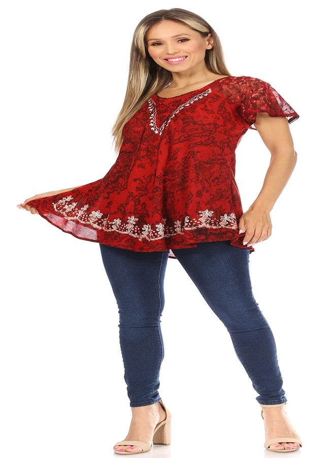 Sakkas 16482 - Ash Speckled Tiedye Embroidered Cap Sleeve Blouse Top with Embroidery Hems - Red - OS - Image 5
