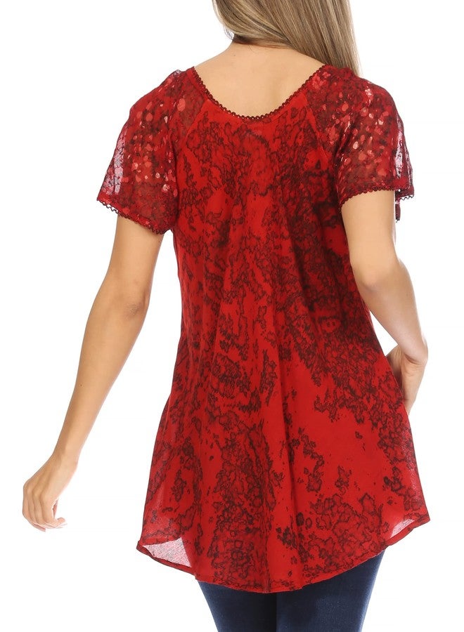 Sakkas 16482 - Ash Speckled Tiedye Embroidered Cap Sleeve Blouse Top with Embroidery Hems - Red - OS - Image 2