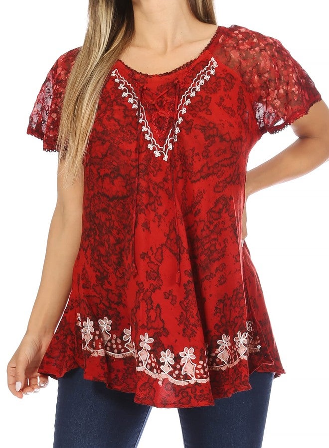 Sakkas 16482 - Ash Speckled Tiedye Embroidered Cap Sleeve Blouse Top with Embroidery Hems - Red - OS - Image 1