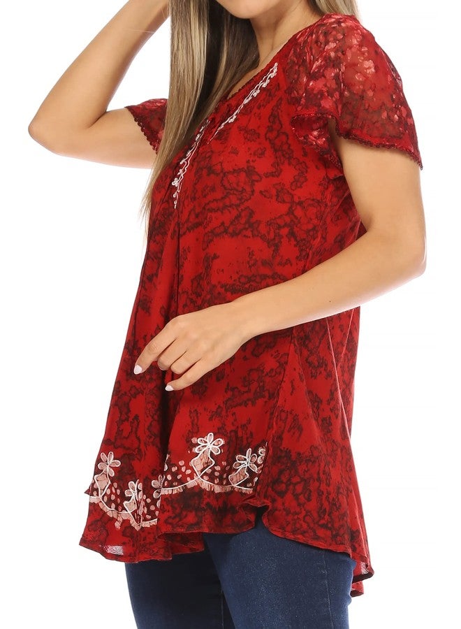 Sakkas 16482 - Ash Speckled Tiedye Embroidered Cap Sleeve Blouse Top with Embroidery Hems - Red - OS - Image 3
