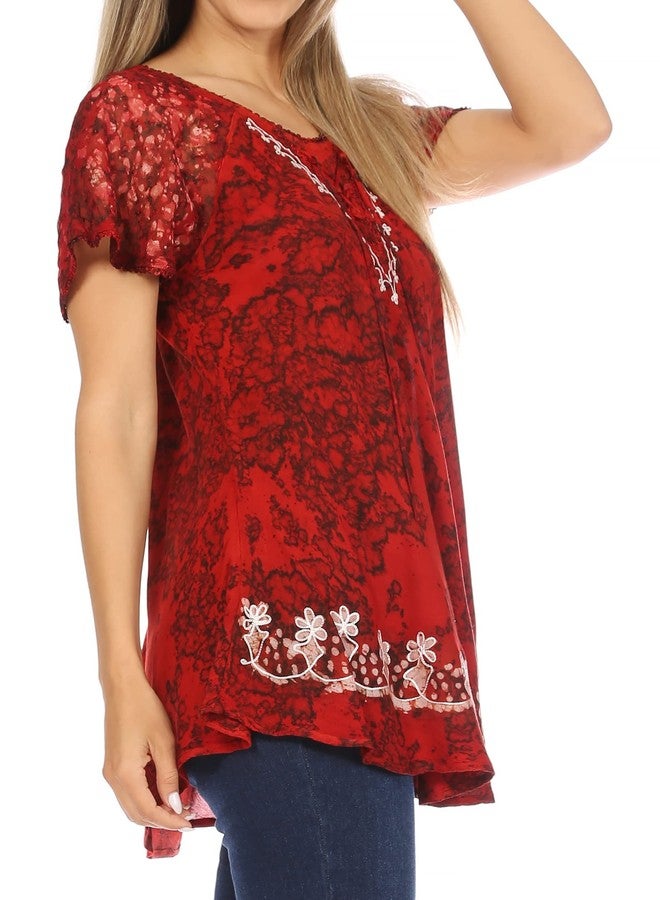 Sakkas 16482 - Ash Speckled Tiedye Embroidered Cap Sleeve Blouse Top with Embroidery Hems - Red - OS - Image 4