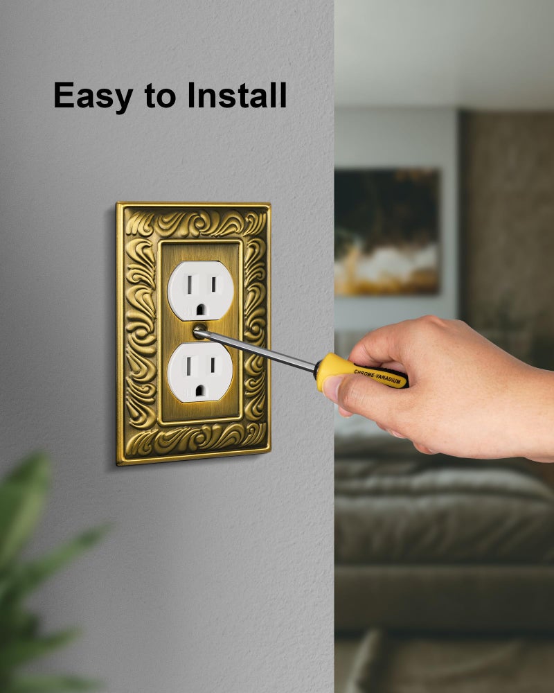 TREEWELL 4-Pack Duplex Outlet Cover Plate, Paisley Pattern Antique Brass Metal Wall Plates for Electrical Outlets, 1 Gang Receptacle Cover, Decorative Switch Plates and Outlet Covers - Image 5