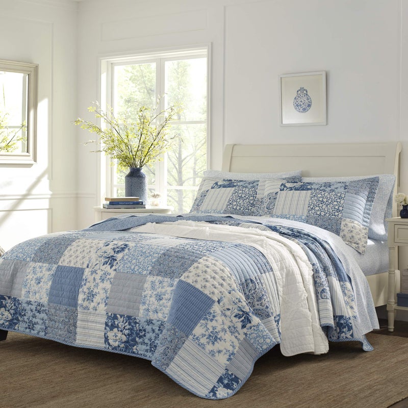 Laura Ashley  Twin Quilt Set Reversible Cotton Bedding with Matching Sham Farmhouse Inspired Home Decor Paisley Printed Patchwork Blue Twin