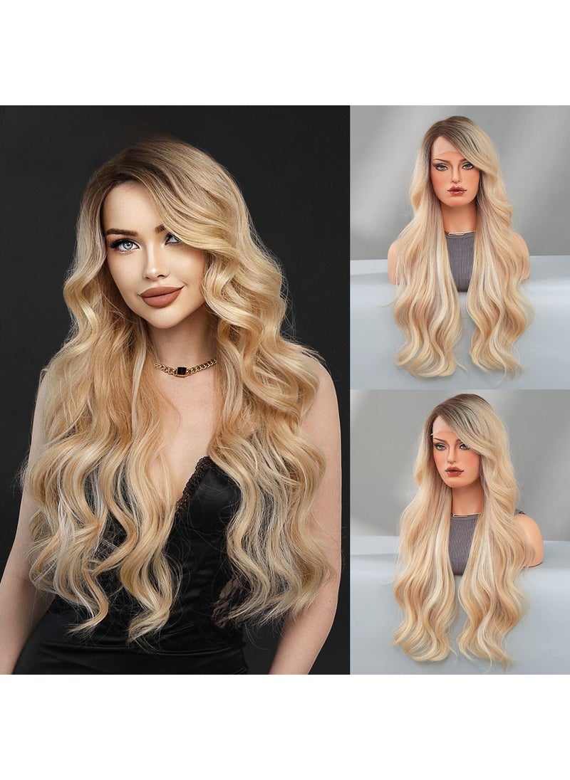 Arabest Long Wavy Ombre Synthetic Lace Wig Orange gold head dyed_70cm 28 Inch 