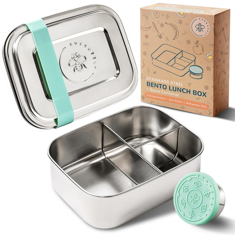 Everusely Bento Box Green 27oz 08 L Stainless Steel Lunch Box with Leakproof Condiment Container 3 Compartment Snack Organizer for On the Go Meals Freezer Dishwasher Safe