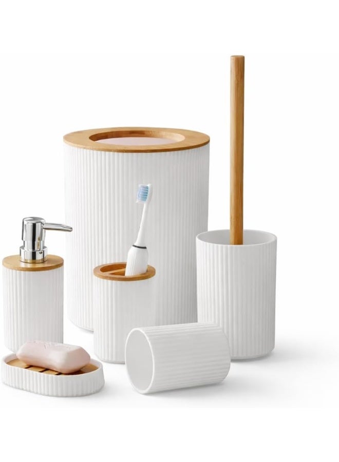 Bathroom Accessories Set, 6 Pieces, Toilet Brush, Soap Dispenser, Toothbrush Holder, Cup, Soap Dish, Trash Can (White R) - Image 1