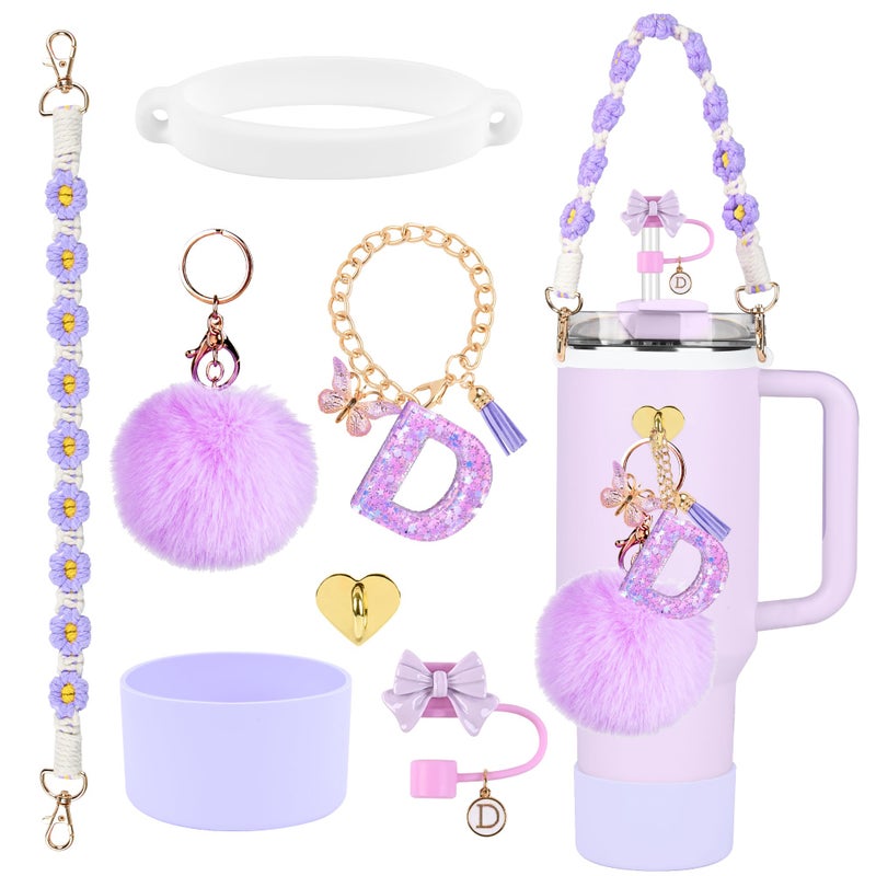 QUNNDY Stanley Cup Accessories Set 10mm Bow Straw Topper Siliocne Boot Water Bottle Handle Strap Letter Charms for Stanley Cup Straw Cover Cap 40oz 30oz Tumbler D