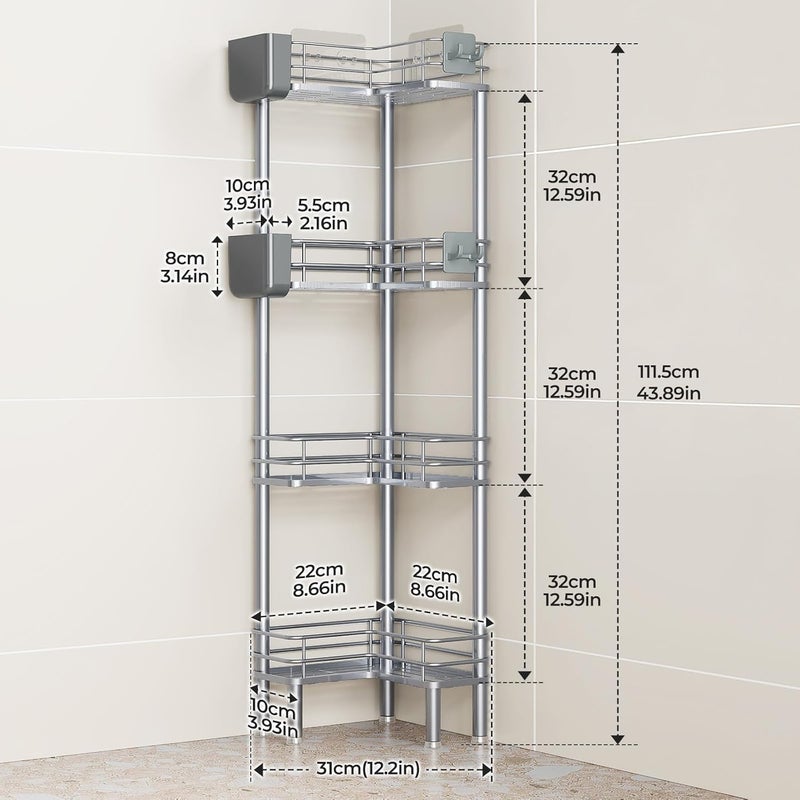 Orimade Set of 4 Shower Shelves, Standing, Rustproof, Corner Shower Shelf, Freestanding, Shower Baskets Stand for Bathroom, Silver - Image 2
