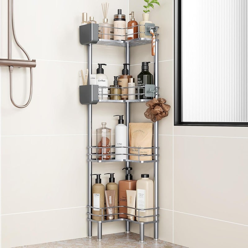 Orimade Set of 4 Shower Shelves, Standing, Rustproof, Corner Shower Shelf, Freestanding, Shower Baskets Stand for Bathroom, Silver - Image 1
