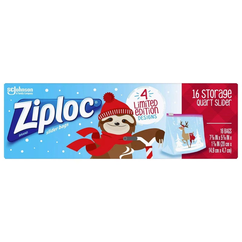 SC Johnson Ziploc Quart Food Storage Slider Bags Power Shield Technology for More Durability 16 Count Holiday Designs Packaging May Vary