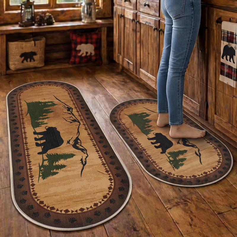 Tinideya 2 Pcs Bear Non Skid Rug Rustic Lodge Theme Area Rug with Bear and Cub Scene Cabin Rug Bear Farmhouse Rug Winter Kitchen Cabin Rug Christmas Bear Decor for Home Bathroom Bedroom Living Room - Image 2