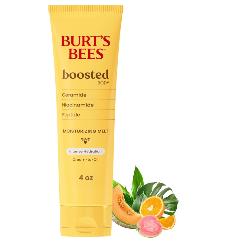 Burt's Bees Boosted Body Moisturizing Melt With a Ceramide, Niacinamide and Peptide Complex, Intense Skin Hydration, Cream-to-Oil Body Lotion Helps Support Skin Barrier, Tropical Scented, 4 oz. Tube - Image 1