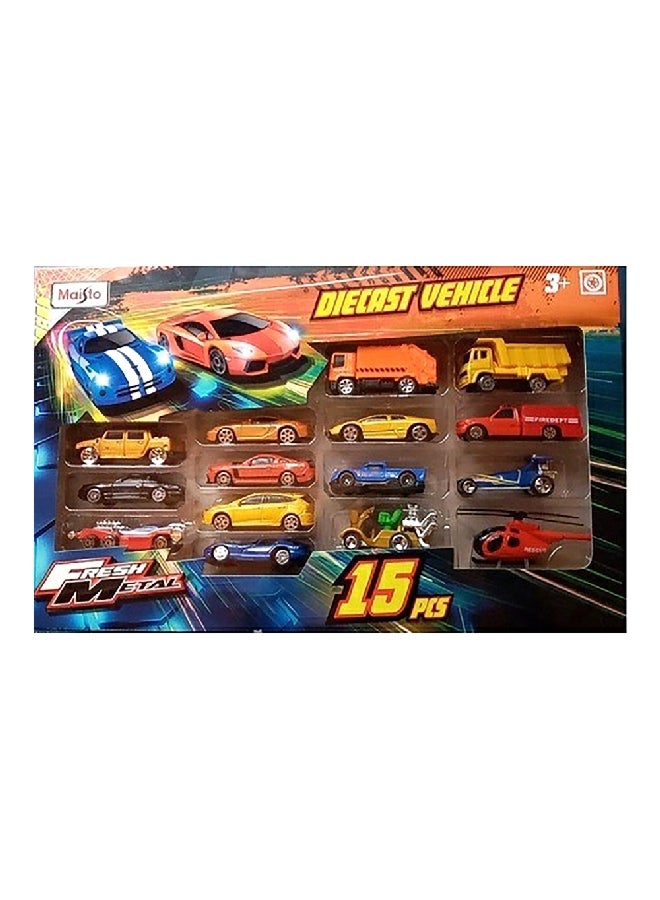 Maisto 15-Piece Fresh Metal Die Cast Car Set in Plastic Blister Bag Assorted Color 3 x 4 x 8 cm MDC12292  - Image 1