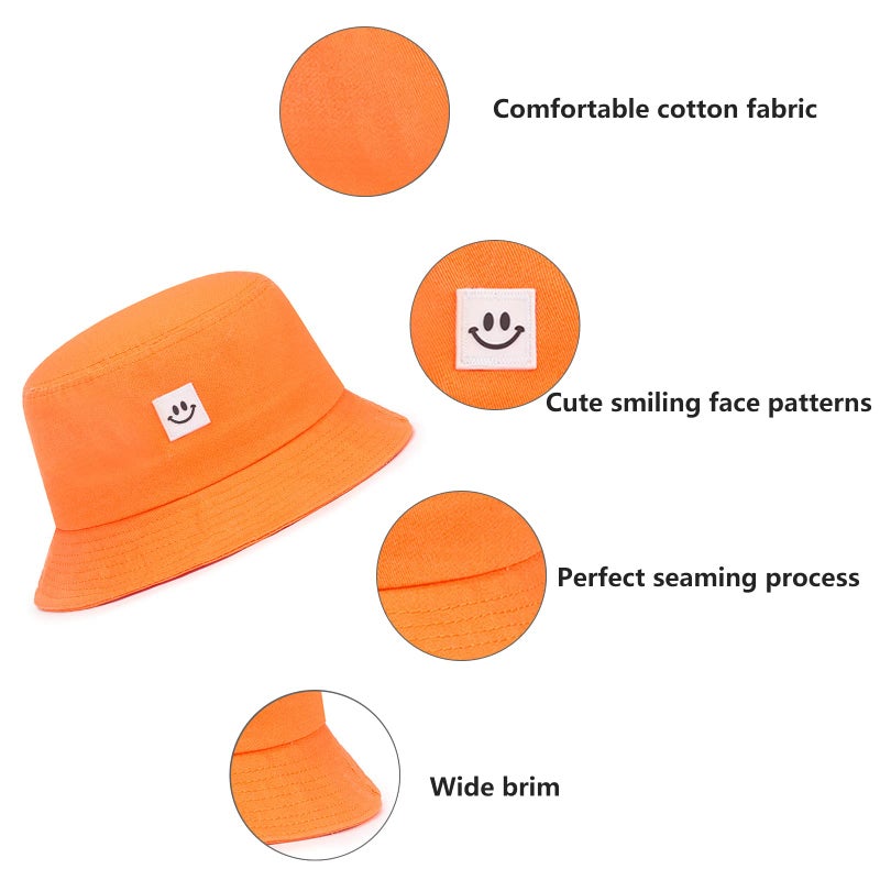 AJG Kids Sun Hat Smile Face Bucket Hat for Girls Boys Summer Sun Protection Cotton Unisex Beach Cap (2-7Year, Orange) - Image 3