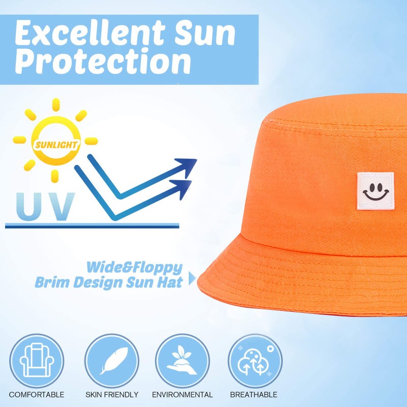 AJG Kids Sun Hat Smile Face Bucket Hat for Girls Boys Summer Sun Protection Cotton Unisex Beach Cap (2-7Year, Orange) - Image 4