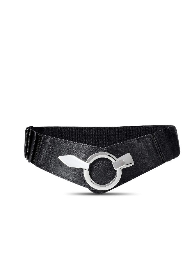 Wide Elastic Waist Belt Vintage, Girls Thick Stretch Belt with Interlock Buckle , Women Stretch Waist Belt,  Fashion Retro Leather Waistband for Ladies Dress Decoration Black - Image 1