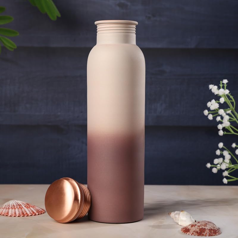 TAMBRA Tambra Pure Copper Water Bottle 950 ML Jointless Leakproof Double Printed Design Ayurvedic Benefits with Antioxidant Properties Best Gifts for Family and Friends Cream Brown  - Image 1