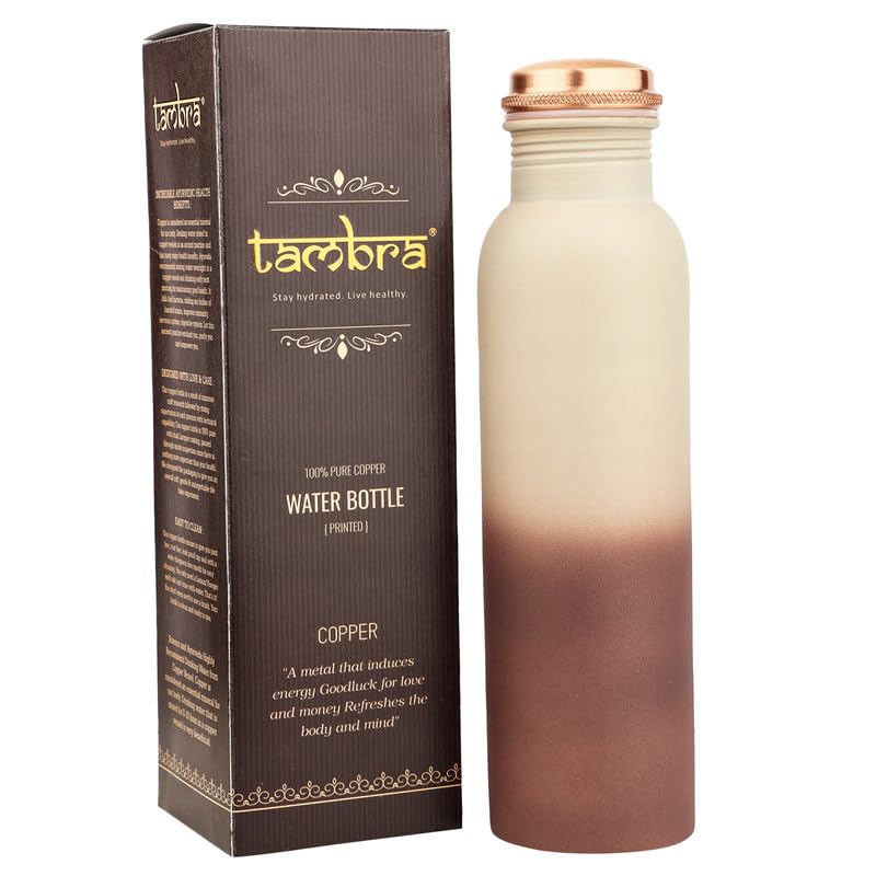 TAMBRA Tambra Pure Copper Water Bottle 950 ML Jointless Leakproof Double Printed Design Ayurvedic Benefits with Antioxidant Properties Best Gifts for Family and Friends Cream Brown  - Image 4