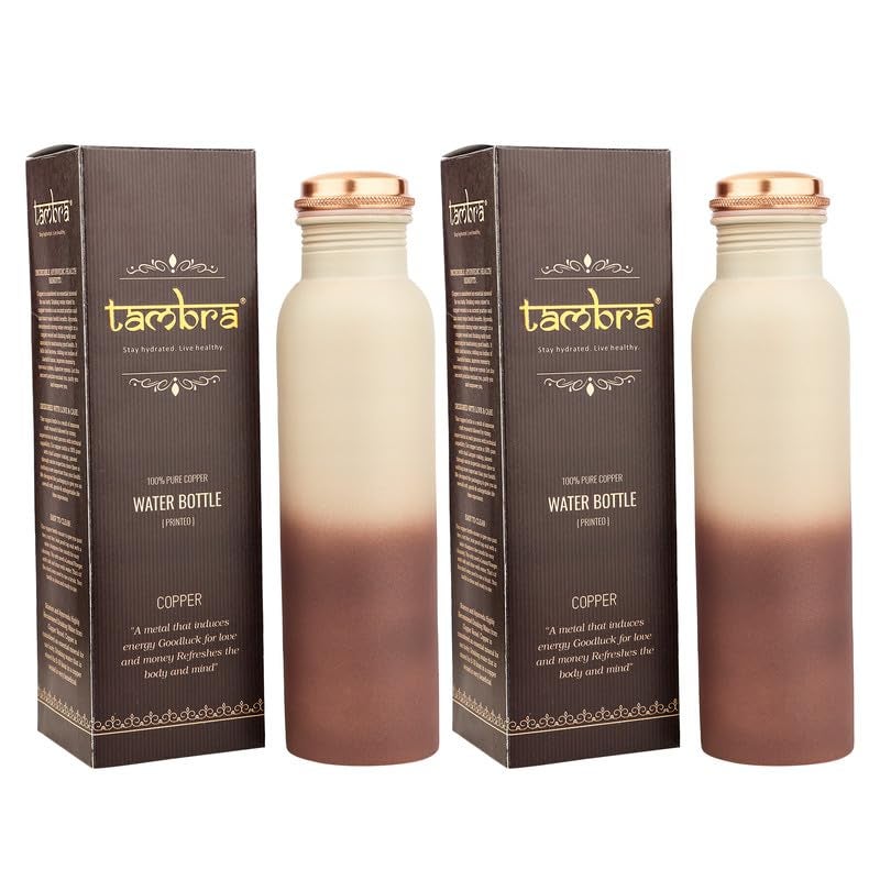 TAMBRA Tambra Pure Copper Water Bottle 950 ML Jointless Leakproof Double Printed Design Ayurvedic Benefits with Antioxidant Properties Best Gifts for Family and Friends Cream Brown  - Image 5