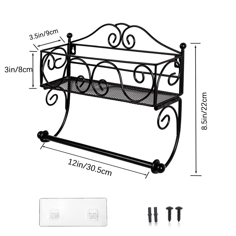 DINGTAI Adhesive Paper Towel Holder with Shelf, Wall Mount, 12in Black for Kitchen, Hand Towel Holder for Bathroom with Shelf - Image 4