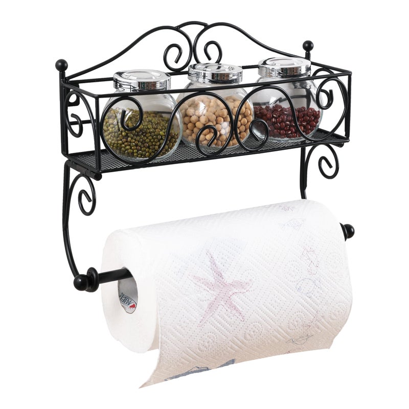 DINGTAI Adhesive Paper Towel Holder with Shelf, Wall Mount, 12in Black for Kitchen, Hand Towel Holder for Bathroom with Shelf - Image 1