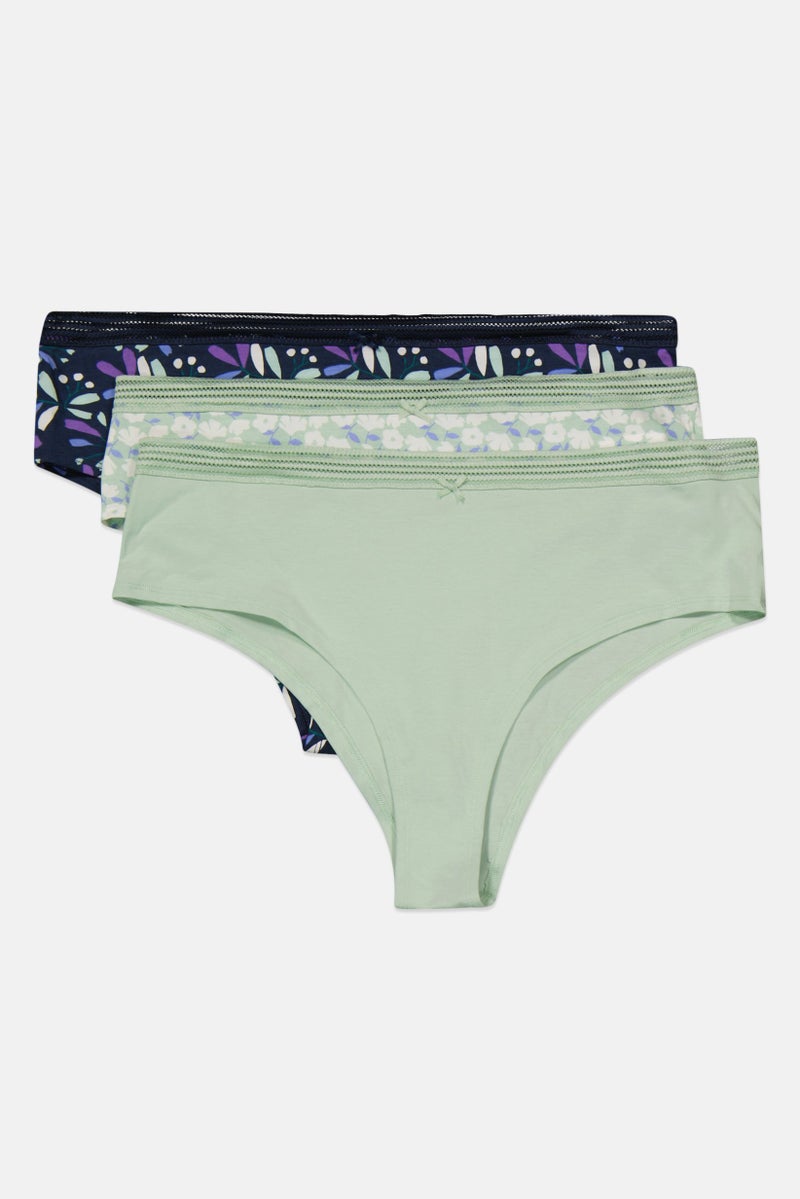 Etam Women 3 Pieces Floral Print Pull On Panties, Green Combo - Image 3