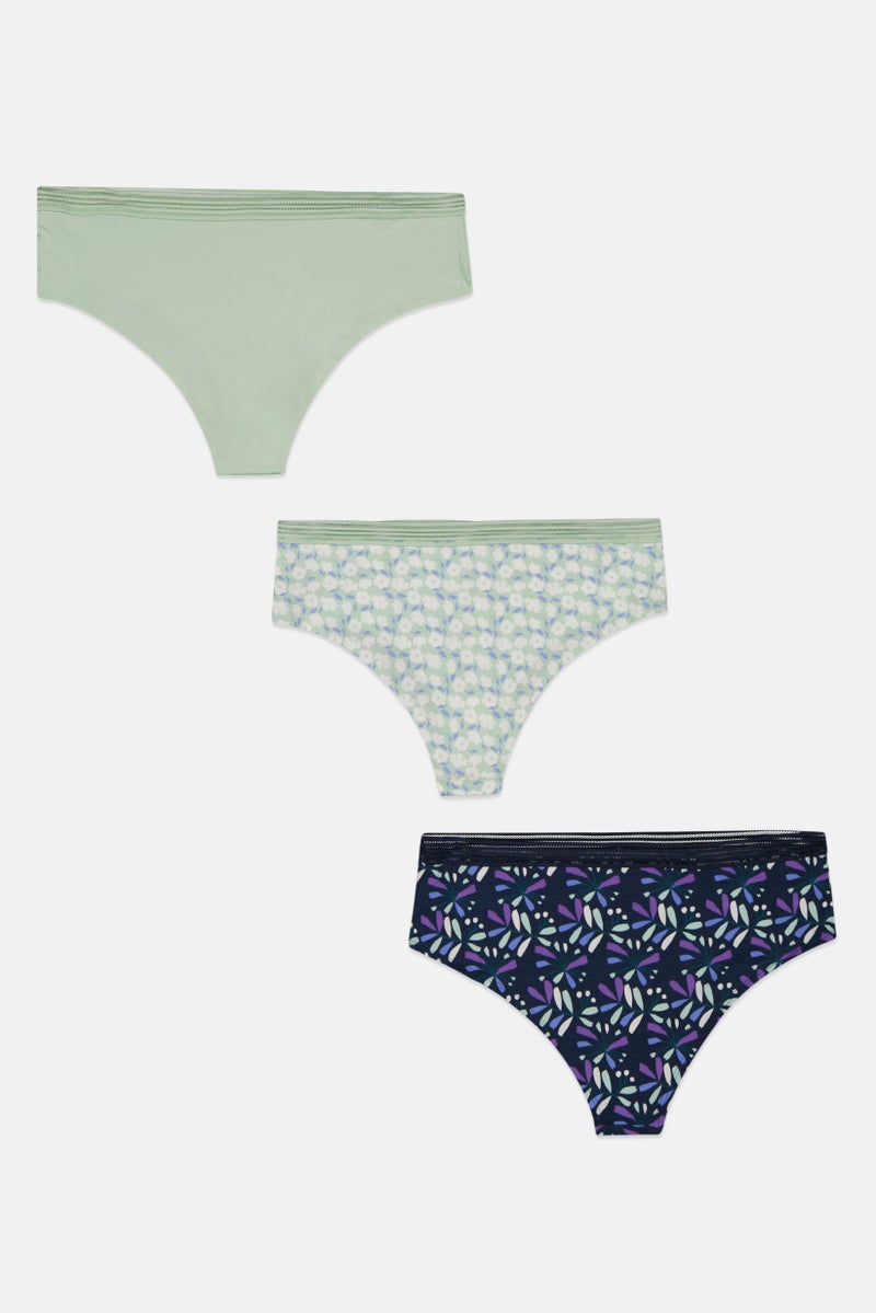 Etam Women 3 Pieces Floral Print Pull On Panties, Green Combo - Image 2