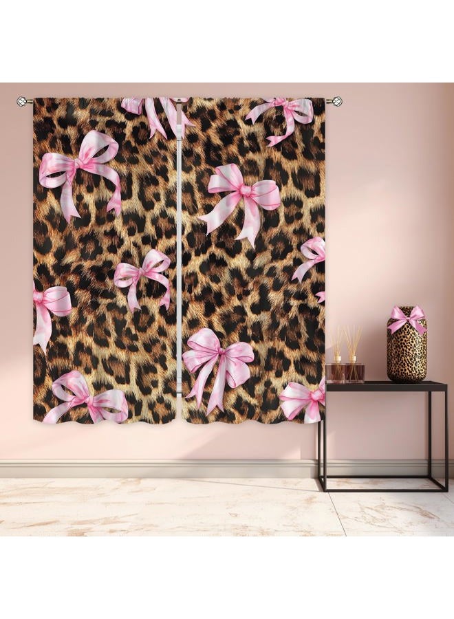Cinbloo Pink Bow Leopard Print Curtains 42Wx63H Inch Rod Pocket Preppy Girly Modern Cheetah Cute Pretty Sweet for Girls Art Printed Retro Fashion Living Room Bedroom Window Drapes Treatment 2 Panels - Image 2
