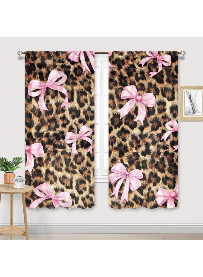 Cinbloo Pink Bow Leopard Print Curtains 42Wx63H Inch Rod Pocket Preppy Girly Modern Cheetah Cute Pretty Sweet for Girls Art Printed Retro Fashion Living Room Bedroom Window Drapes Treatment 2 Panels - Image 1