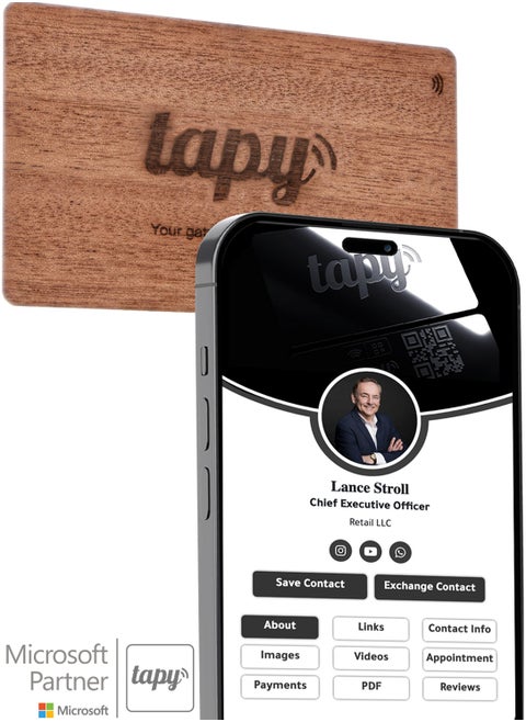 Tapy NFC Digital Business Card Premium sapele wood Smart Card Instant Networking Contactless Technology iOS and Android Compatible Powered by Microsoft