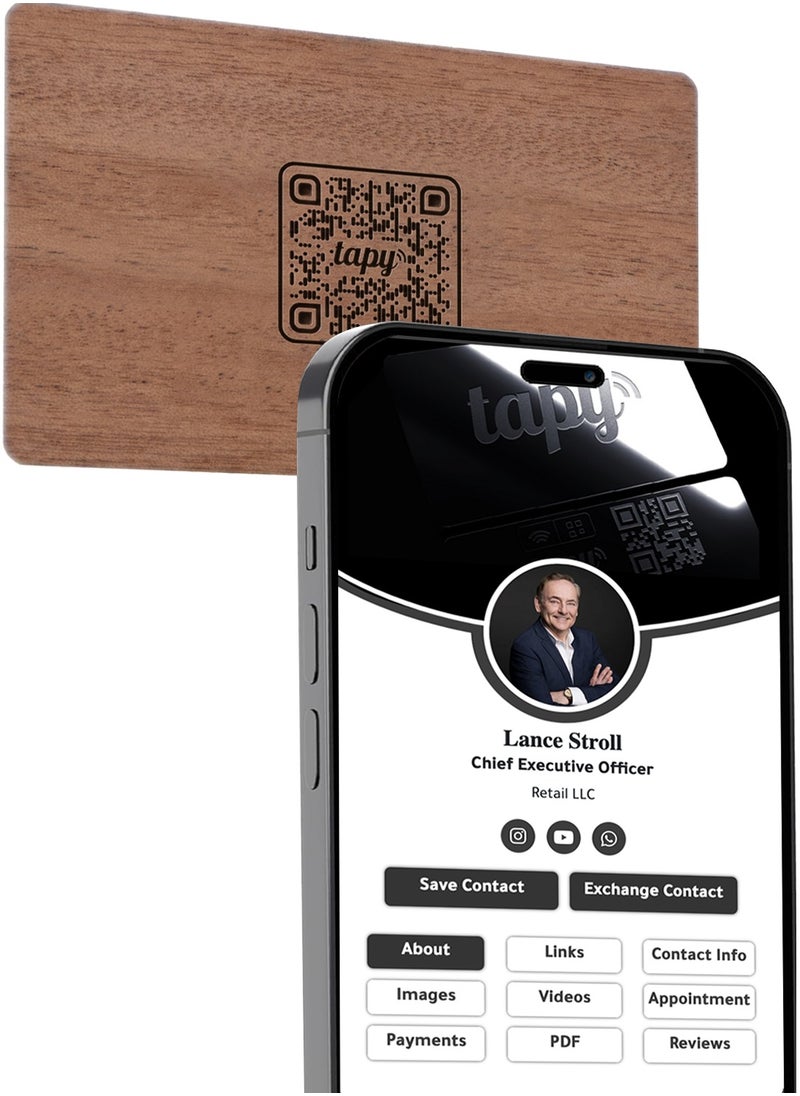 Tapy NFC Digital Business Card Premium sapele wood Smart Card Instant Networking Contactless Technology iOS and Android Compatible Powered by Microsoft