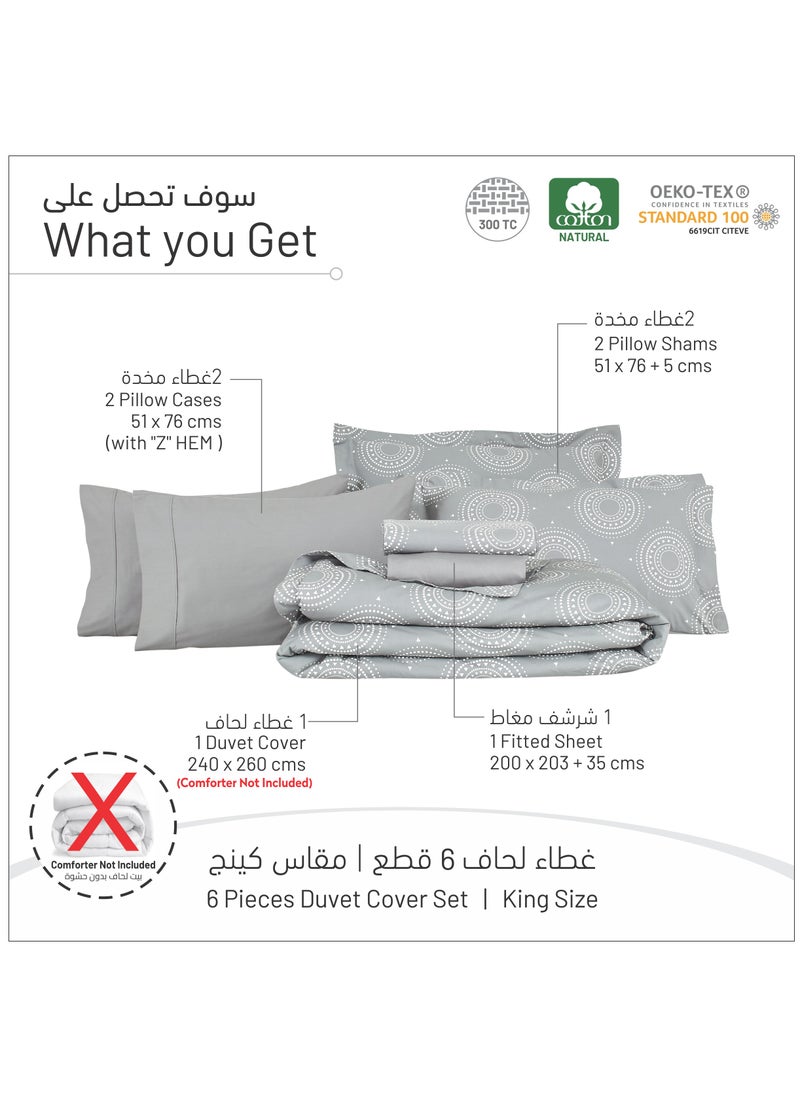 Donetella 6-Piece Cotton Duvet Cover Set Without Filler, 300 Thread Count Pure Cotton Fabric, King Size, 260x240 cm, Grey  - Image 2