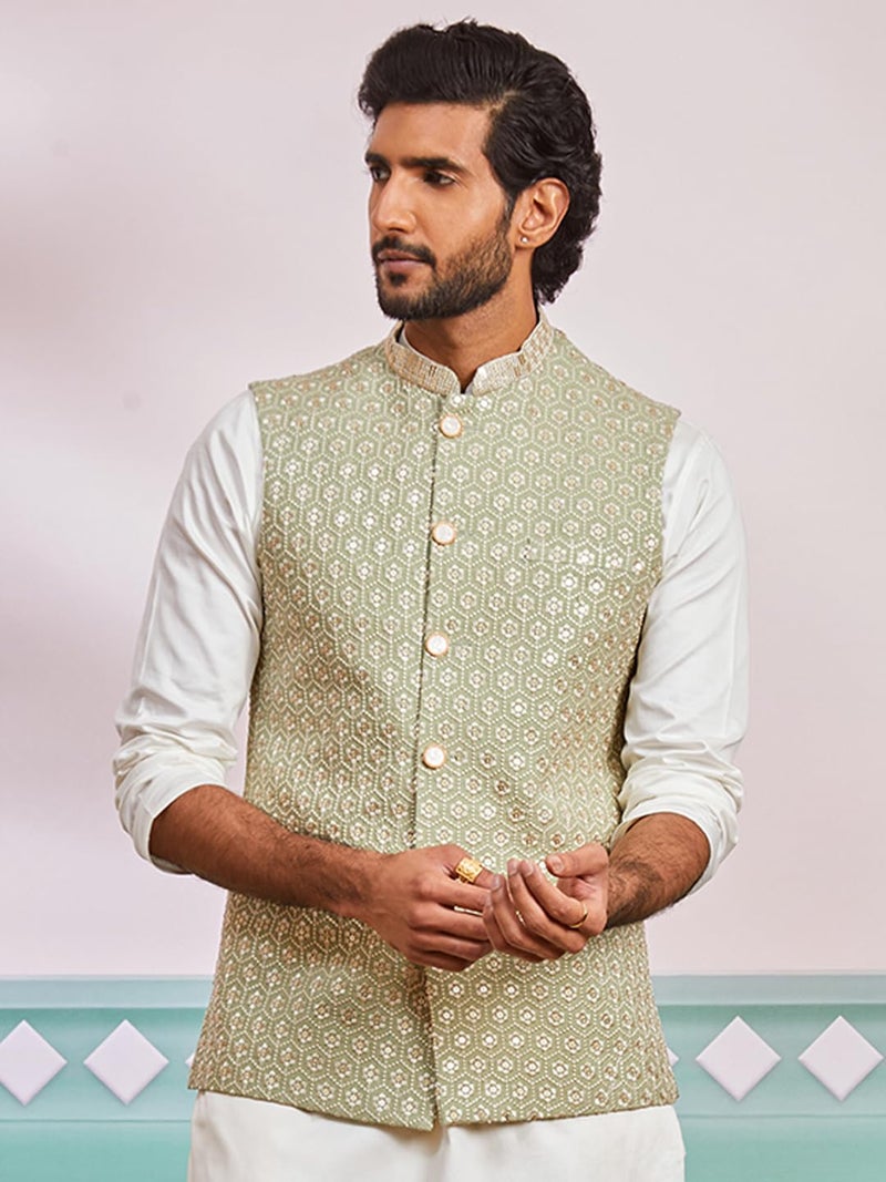 VASTRAMAY Men's Pista Green - Nehru Jacket - This men's embroidered Nehru jacket,perfect blend of elegance and tradition (VASMJ633PS_38) - Image 2
