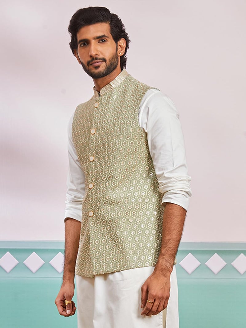 VASTRAMAY Men's Pista Green - Nehru Jacket - This men's embroidered Nehru jacket,perfect blend of elegance and tradition (VASMJ633PS_38) - Image 3