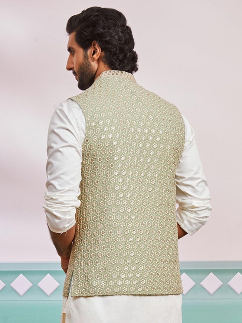 VASTRAMAY Men's Pista Green - Nehru Jacket - This men's embroidered Nehru jacket,perfect blend of elegance and tradition (VASMJ633PS_38) - Image 5