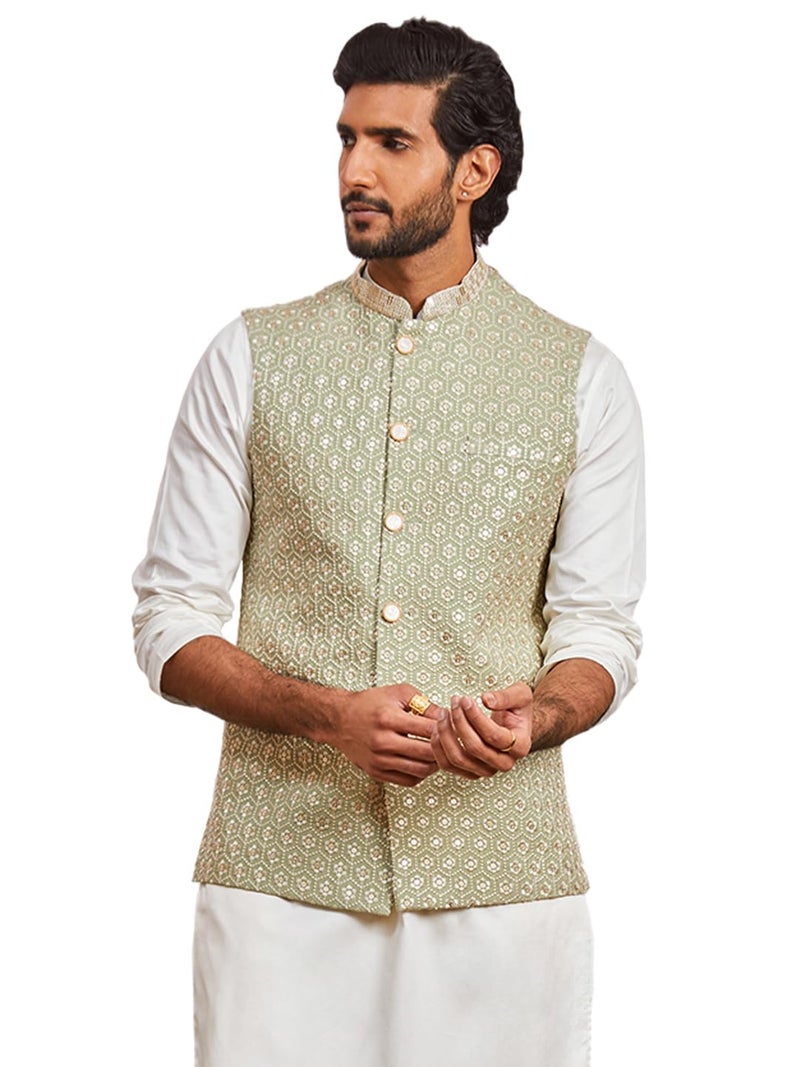 VASTRAMAY Men's Pista Green - Nehru Jacket - This men's embroidered Nehru jacket,perfect blend of elegance and tradition (VASMJ633PS_38) - Image 1