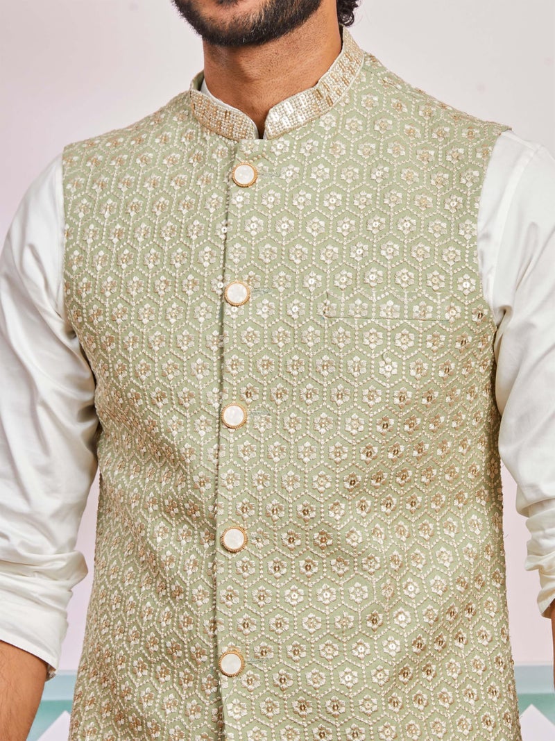 VASTRAMAY Men's Pista Green - Nehru Jacket - This men's embroidered Nehru jacket,perfect blend of elegance and tradition (VASMJ633PS_38) - Image 4