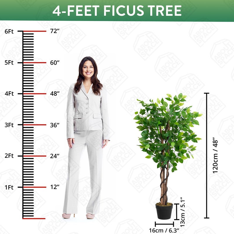 ABOUT SPACE 4 ft Ficus Tree Artificial Plant for Home Decor - Natural Looking Plant Decor Big Fake Ornamental Plants with Pot & 630 Leaves Lightweight Indoor Artificial Plants for Living Room, Office - Image 2