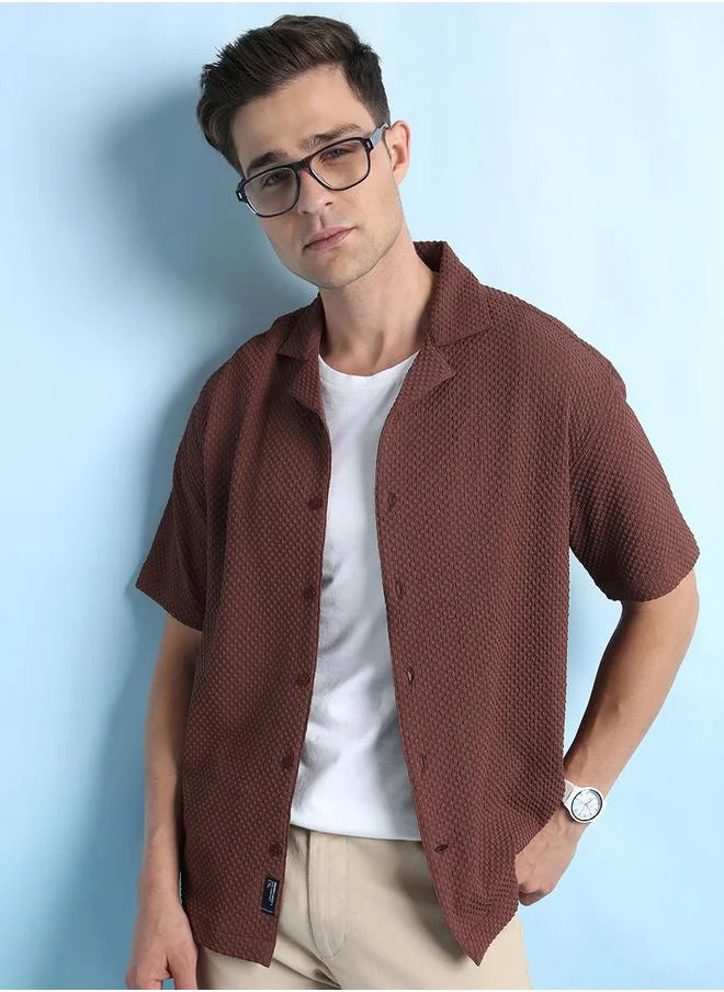 دينيس لينغو Relaxed Fit Brown Textured Cuban Collar Half Sleeve Shirt for Men, designed with a cotton-poly blend for superior comfort and style – a versatile fashion essential for casual and smart dressing.