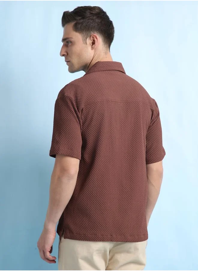 دينيس لينغو Relaxed Fit Brown Textured Cuban Collar Half Sleeve Shirt for Men, designed with a cotton-poly blend for superior comfort and style – a versatile fashion essential for casual and smart dressing.