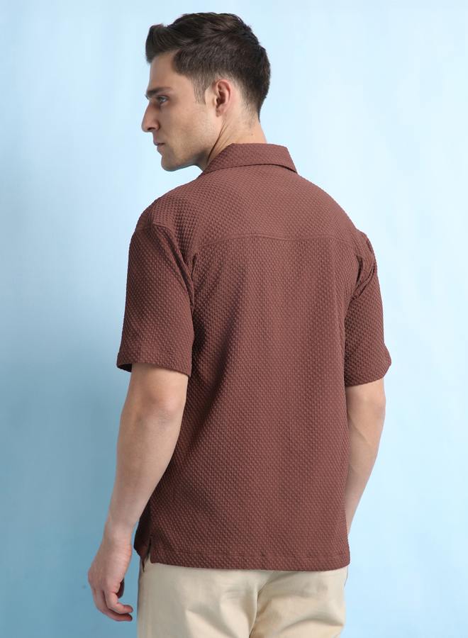 Dennis Lingo Relaxed Fit Brown Textured Cuban Collar Half Sleeve Shirt For Men Designed With A Cotton  - Image 5